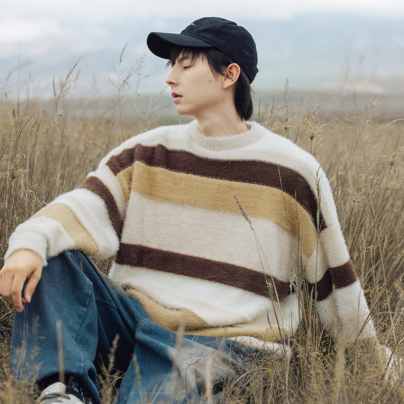 冬季 高弹力长绒毛男士针织衫圆领毛衣韩版大版型宽松