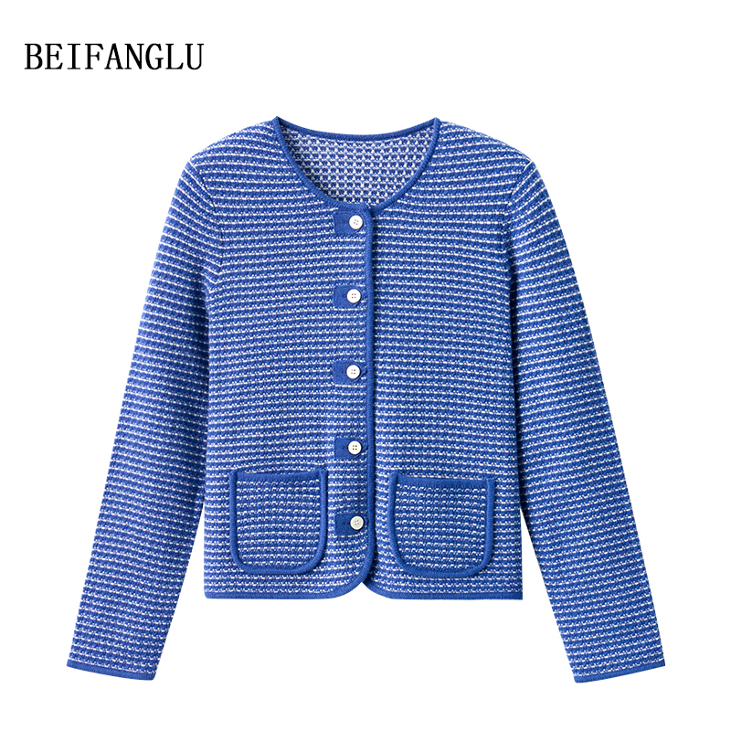 北方鹿早秋优雅小香风100绵羊毛圆领针织开衫251099