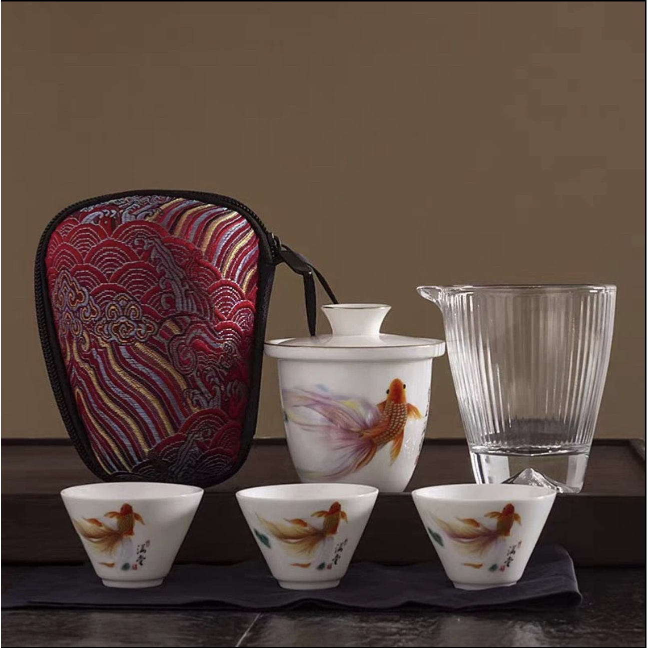 连年有鱼 羊脂玉瓷玻璃旅行茶具便携快客杯一壶三杯户外旅游小套