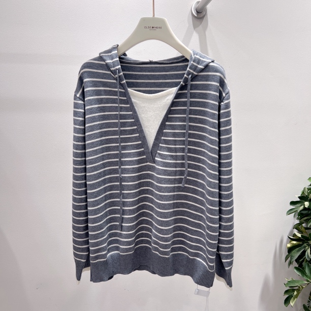 胖mm大码条纹连帽假两件针织衫