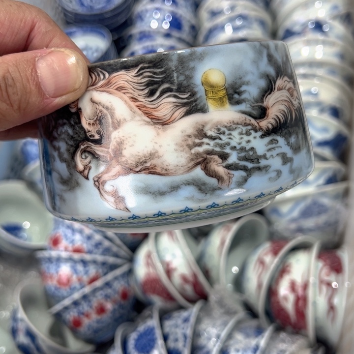 瓷片粉彩梦马茶洗全
