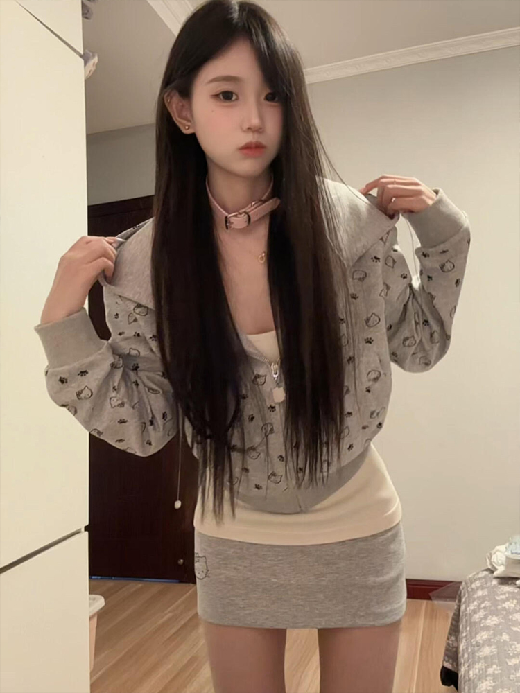 美式复古kitty连帽卫衣套装女秋季少女感松弛辣妹包臀短裙两件套