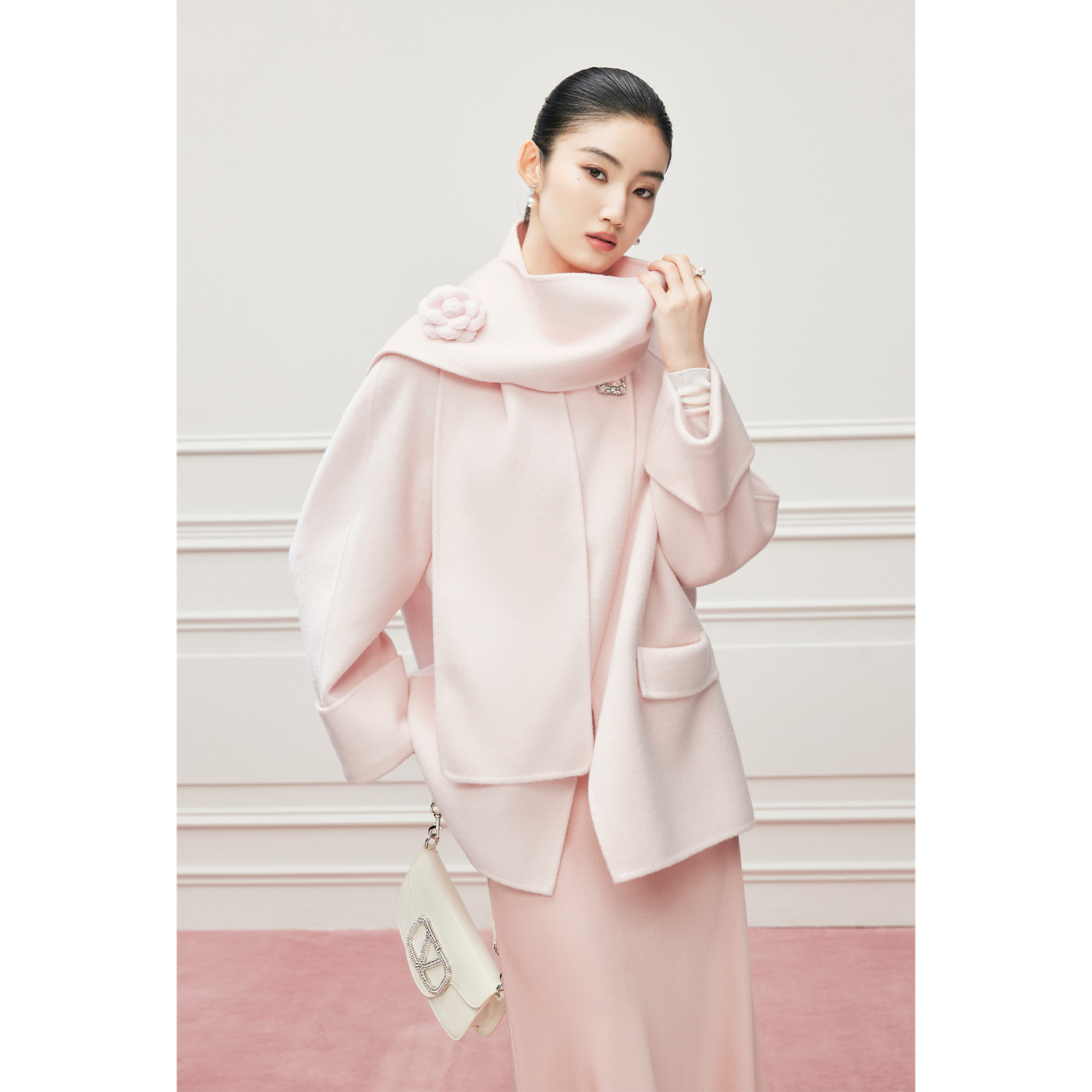 【达人专属】MandyZhang粉色羊毛双面呢围巾大衣女冬外套DY2158