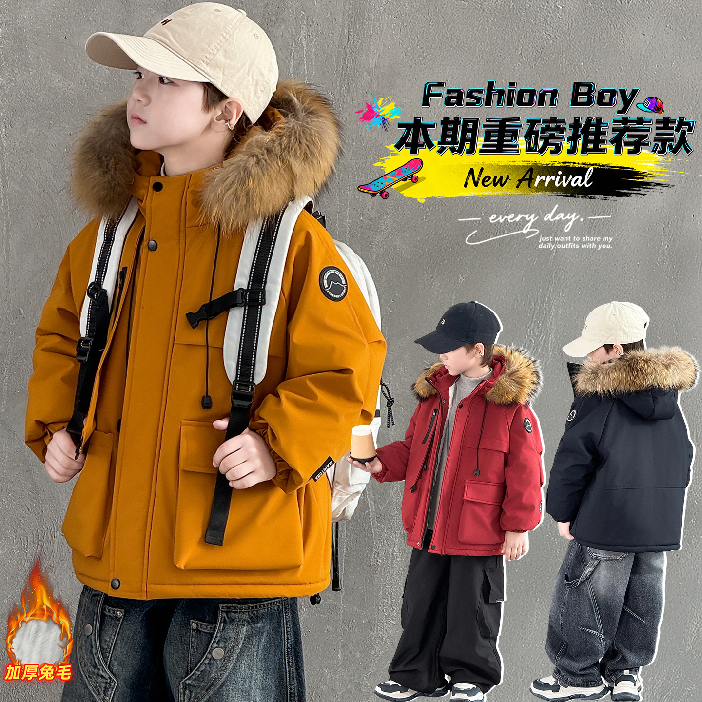 男童工装风毛领派克服中大儿童加厚保暖棉服冬季男孩棉衣连帽外套