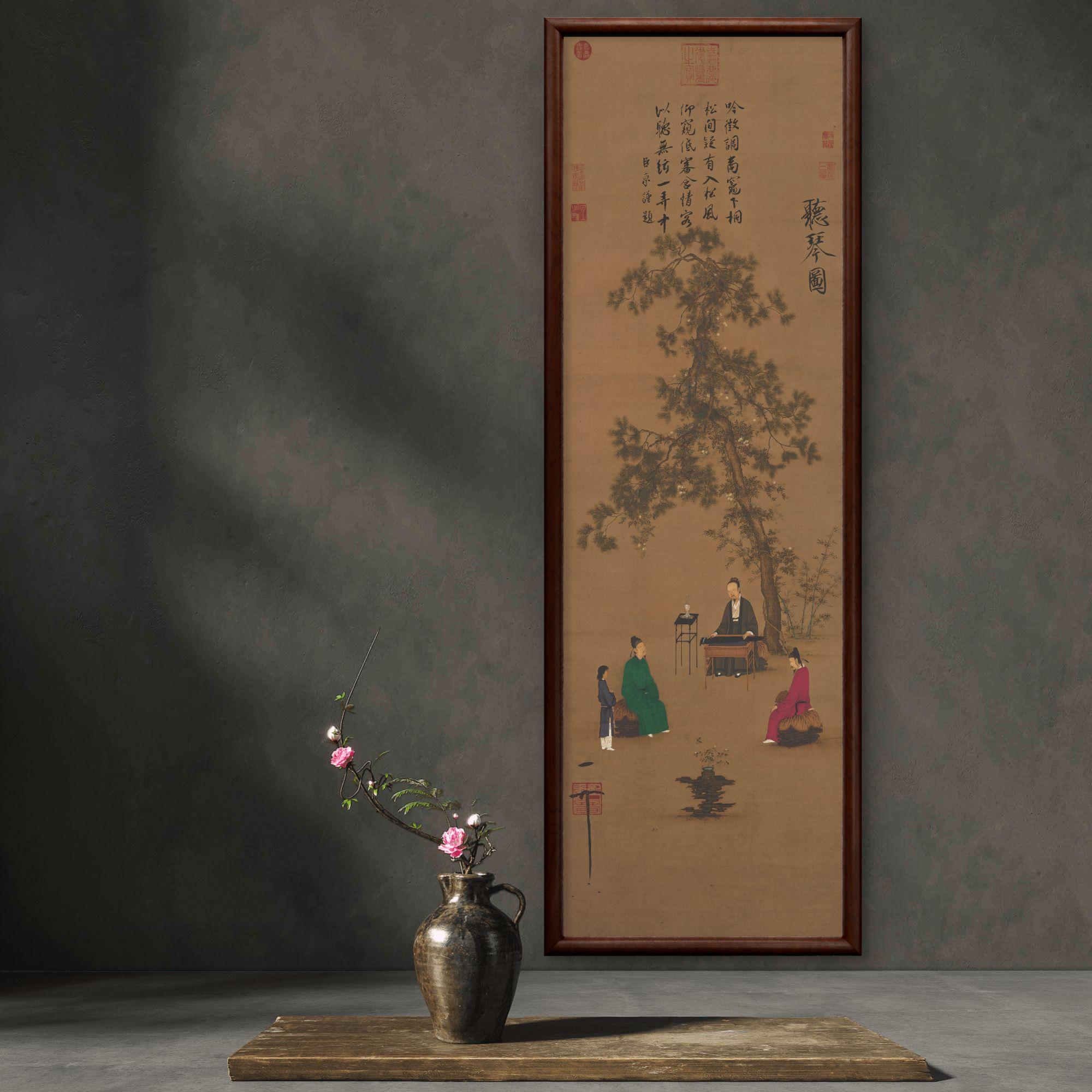 015-40*120听琴图中式装饰画实木框玄关书房茶室客厅挂画