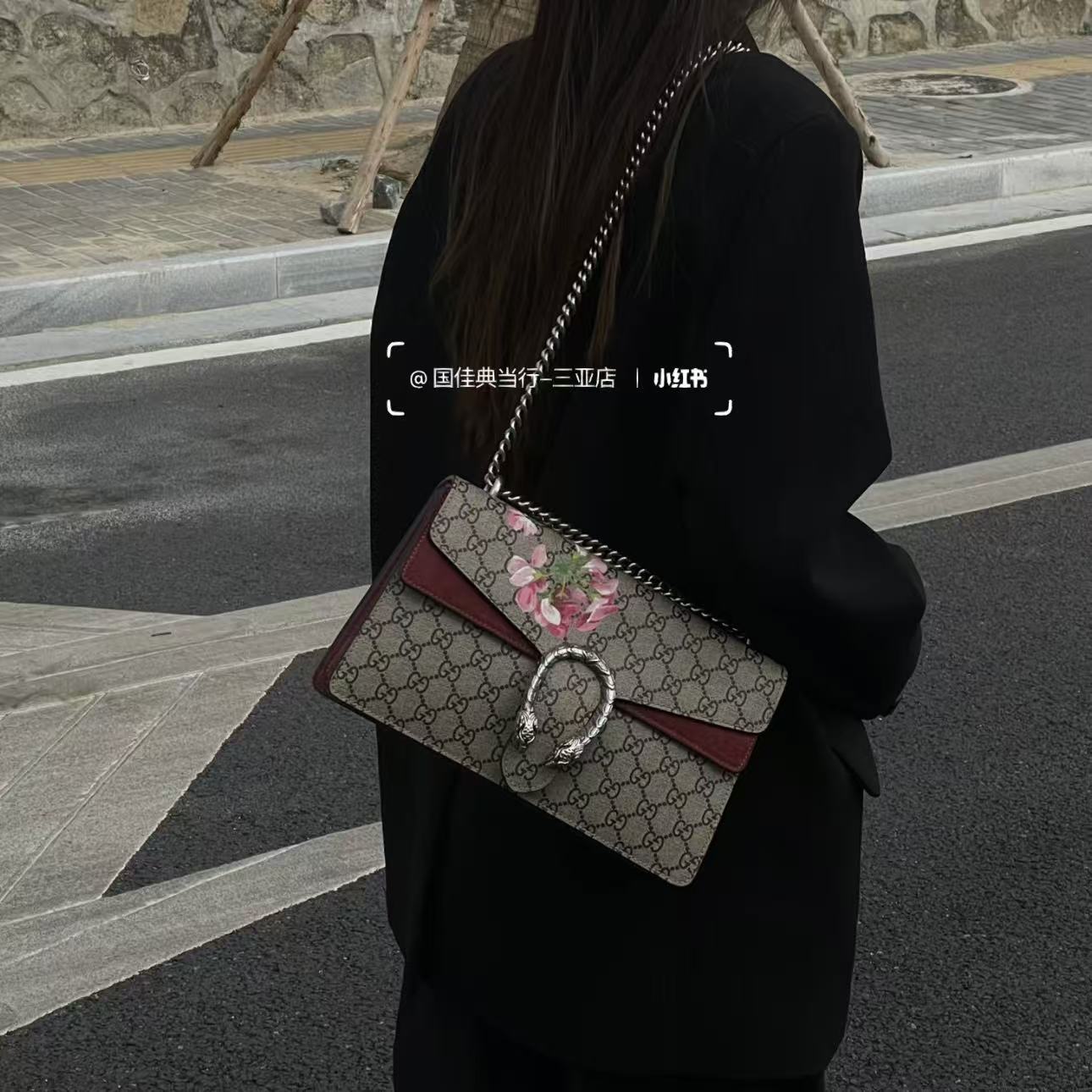 95新 GUCCI/古驰 酒神/中号/花卉红色/斜挎包