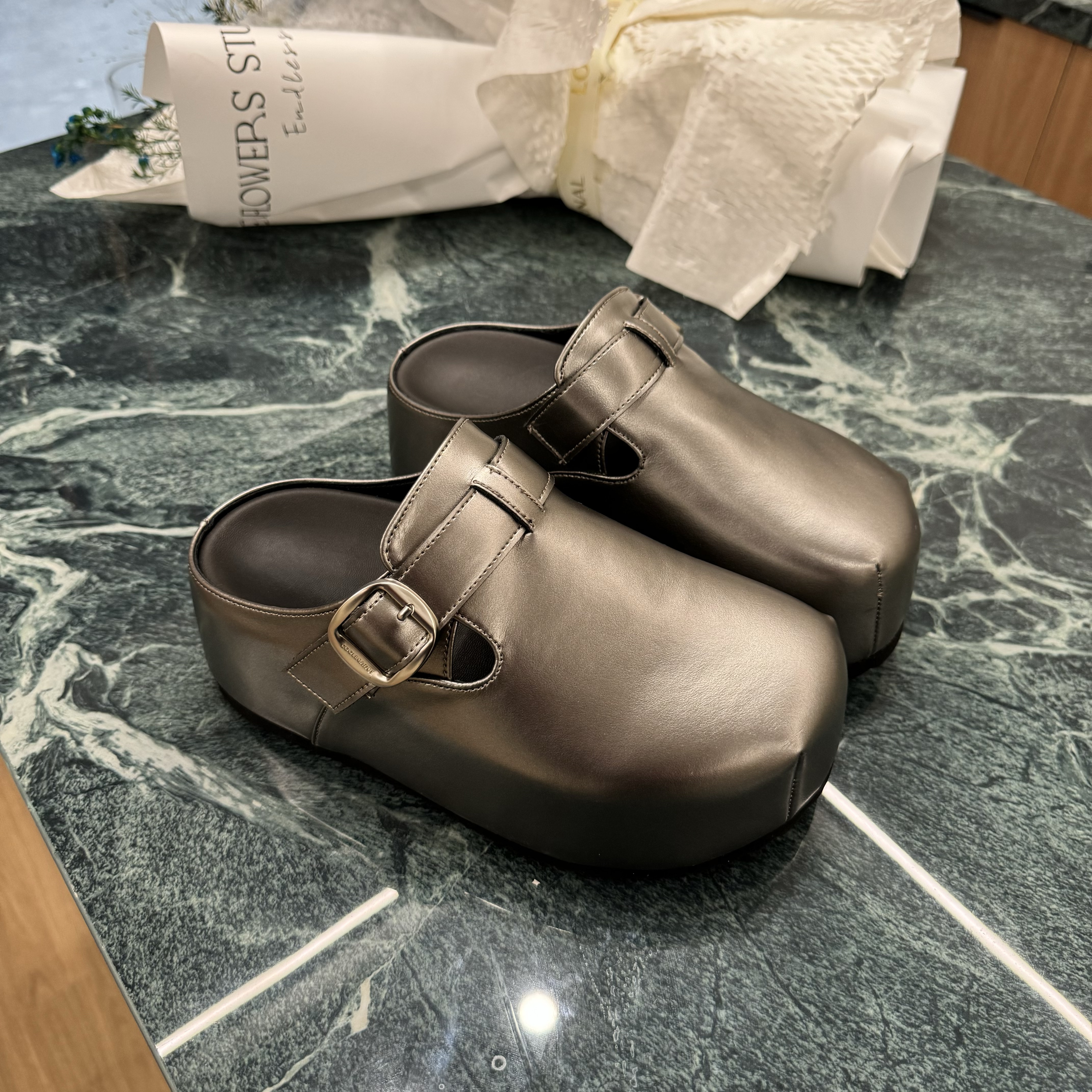 金属冷感 | 8cm | 糖糖春季新款勃肯鞋厚底包头半拖懒人穆勒鞋ins