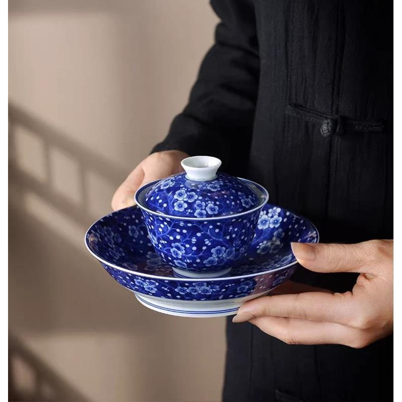 景德镇手工制作釉下彩青花瓷高端茶具二才元宝盖碗（100CC左右）