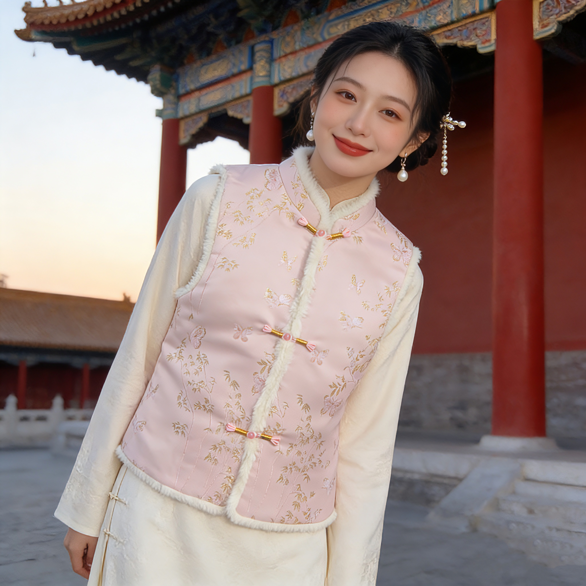 3523 梦蝶粉 浮光锦缎 冬款加绒加厚年轻改良旗袍马甲【单独马甲】