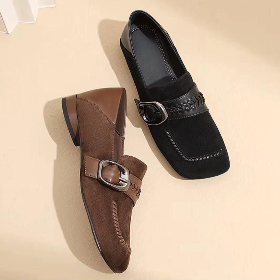 【有运费险】秋季新款斜方头编织松紧扣式两穿低跟复古单鞋