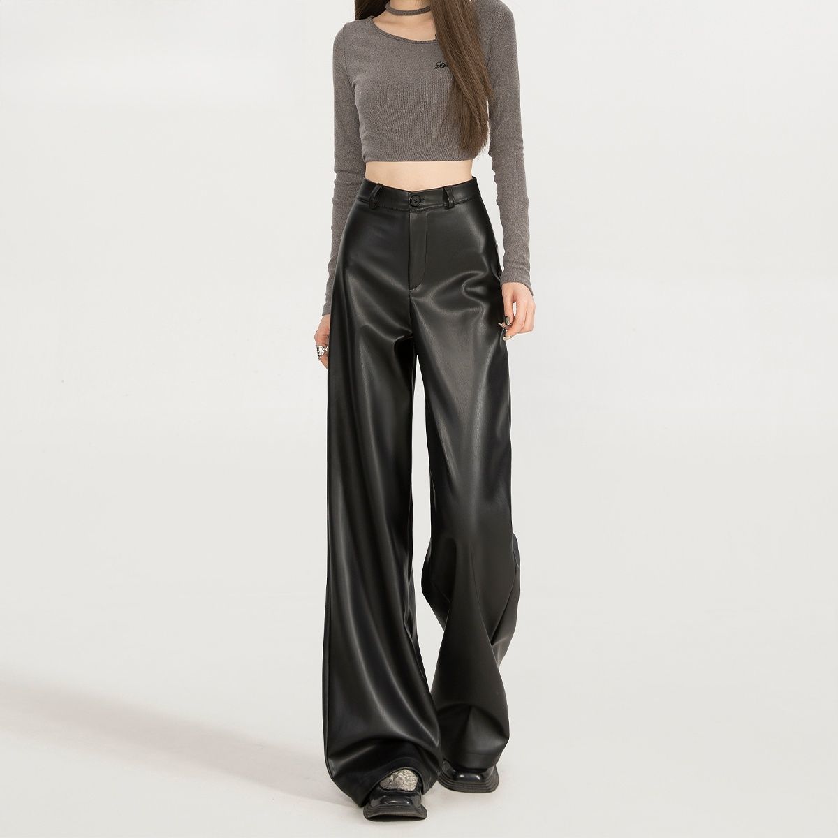 美拉德复古咖色PU皮裤宽松阔腿裤女秋季新款气质高腰显瘦拖地长裤