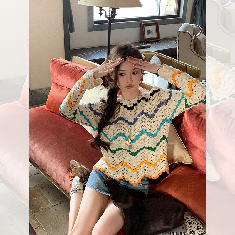 【特价】純手工度假风 七彩手钩针织衫上衣 RH241008