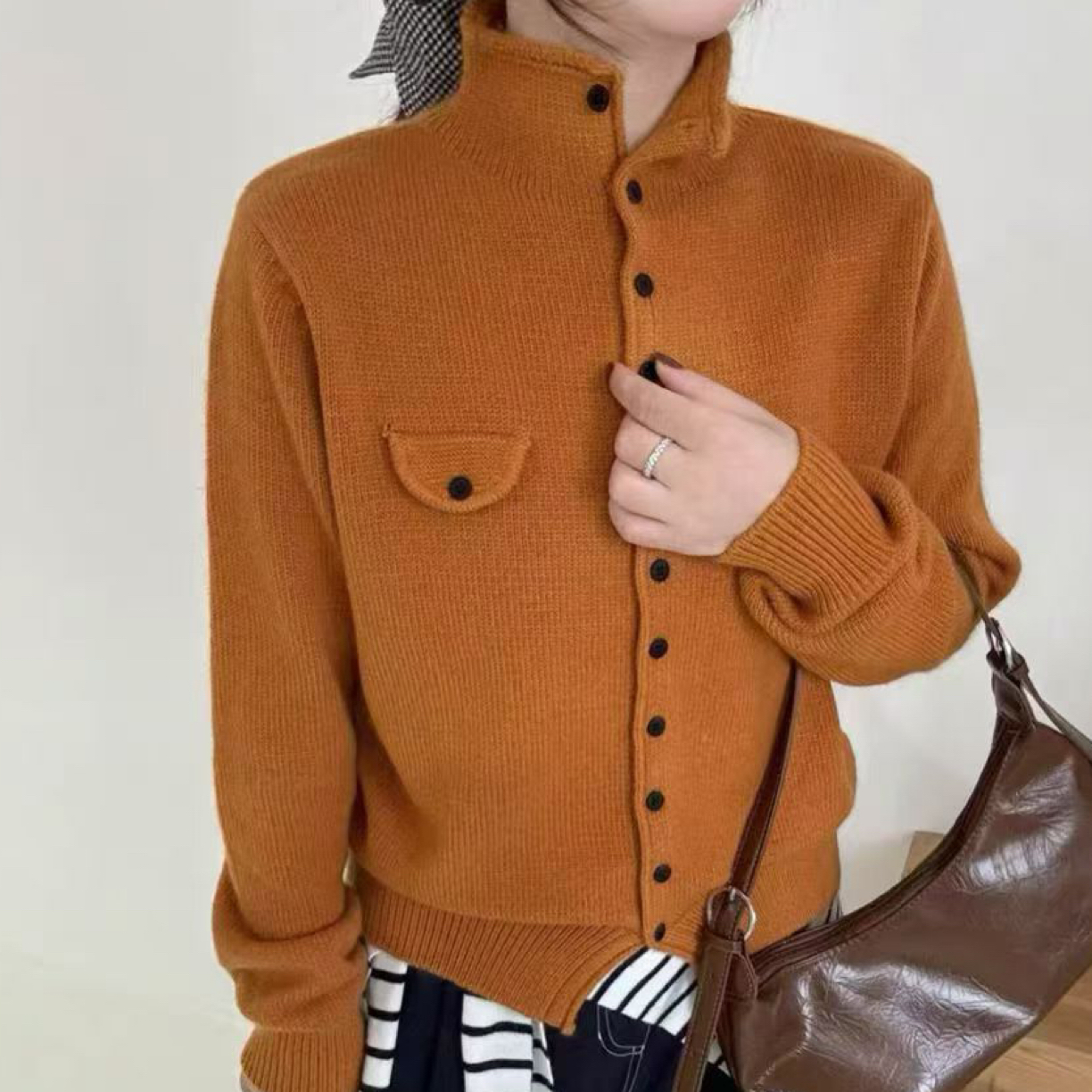 韩版秋冬新款立领单排扣纯色针织开衫女慵懒风保暖百搭毛衣外套