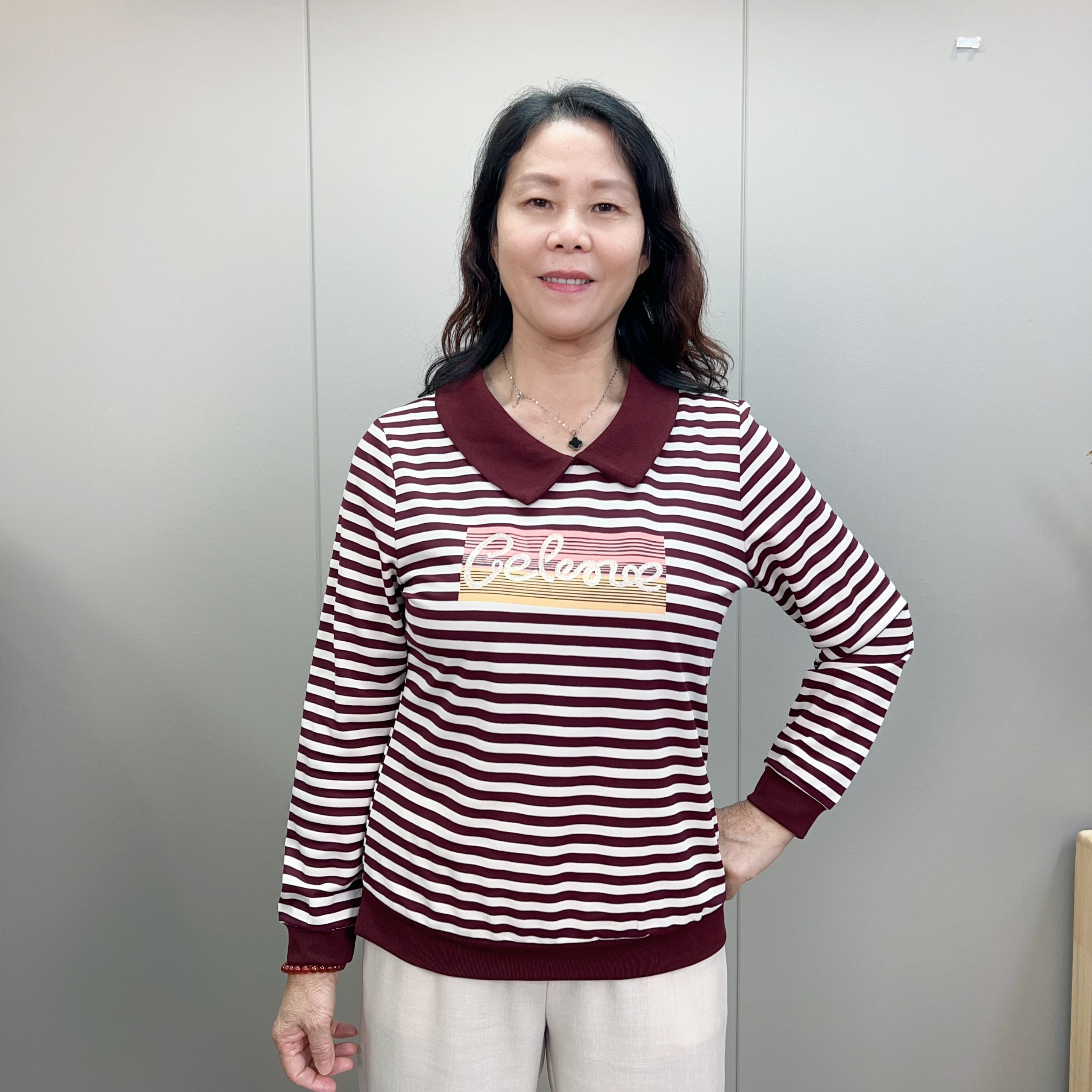 25秋季娃娃领长袖条纹妈妈上衣春秋减龄妈妈女士时尚条纹衫气质