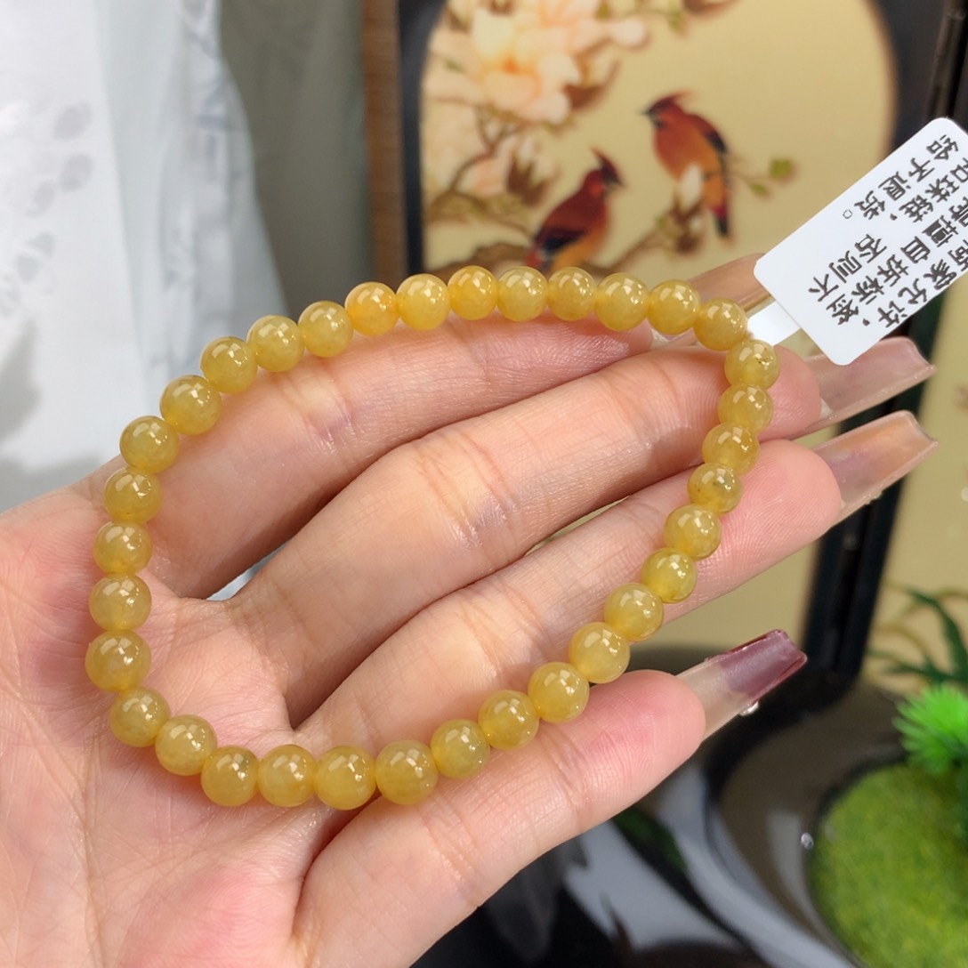 翡翠手链未镶嵌卡5.6冰胶黄翡手串