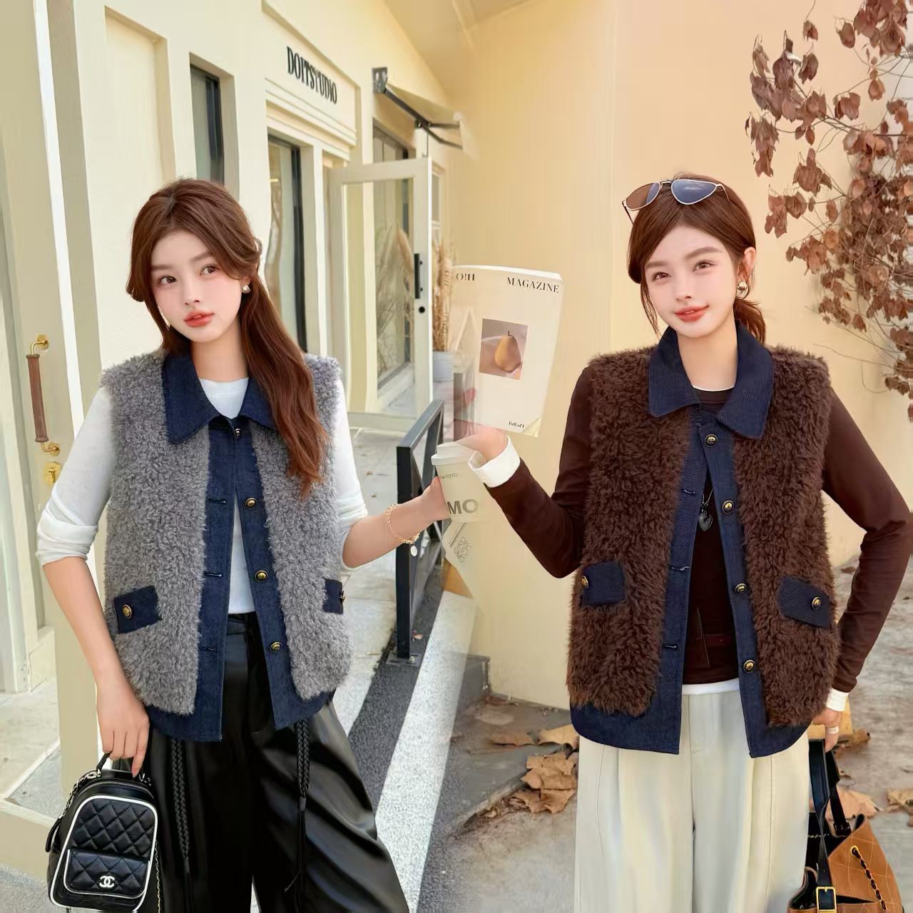 新款牛仔拼接羊羔毛马甲女复古显瘦双口袋2582