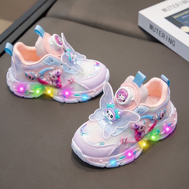 亮灯拉布布蝴蝶女童运动鞋蝴蝶美人鱼纽扣灯鞋轻便公主减震透气跑