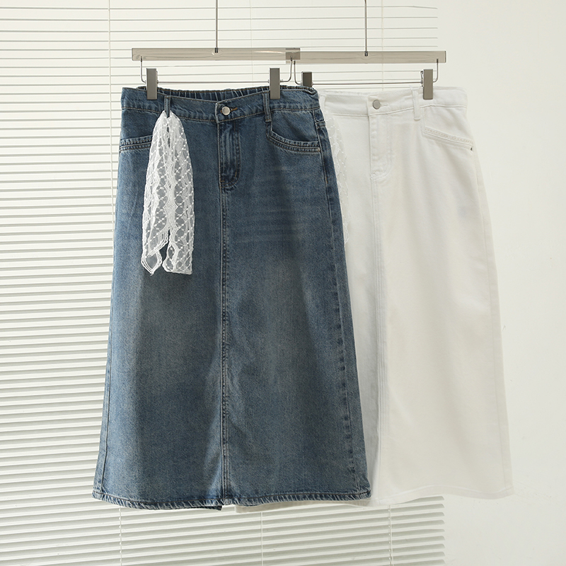 胖mm复古浅色牛仔裙女2025夏季新款高腰宽松蕾丝腰带中长裙142223