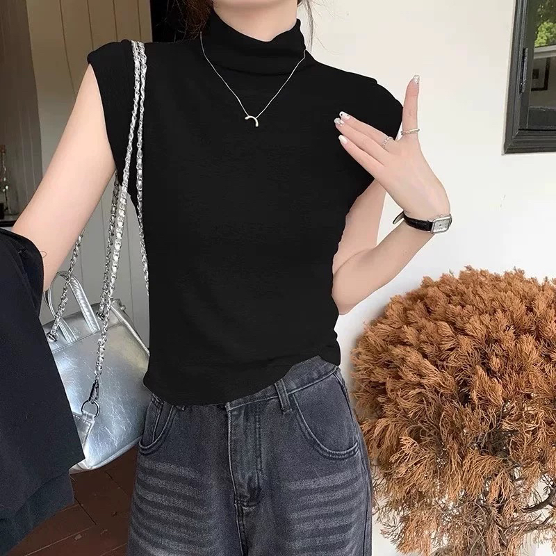 欧货气质小飞袖t恤女高领无袖背心西装内搭基础短款打底衫上衣