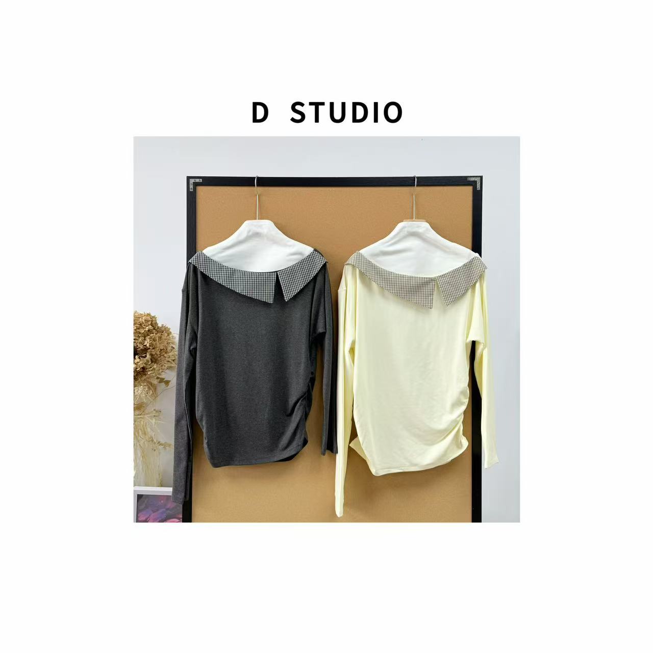 D STUDIO 格纹领口不规则针织上衣D3161