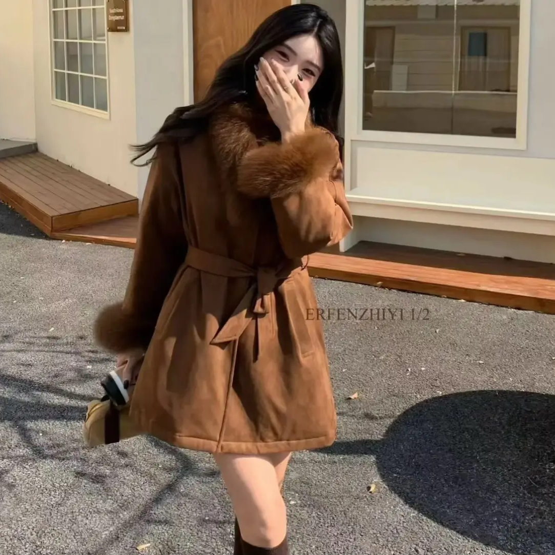 韩版冬季新款宽松显瘦百搭90绒加厚鹿皮绒棉服外套女网红