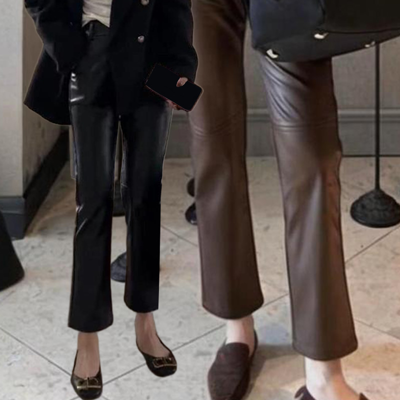 2025新款女装时尚高级感休闲裤高腰裤子磨毛烟管裤九分裤PU皮裤女