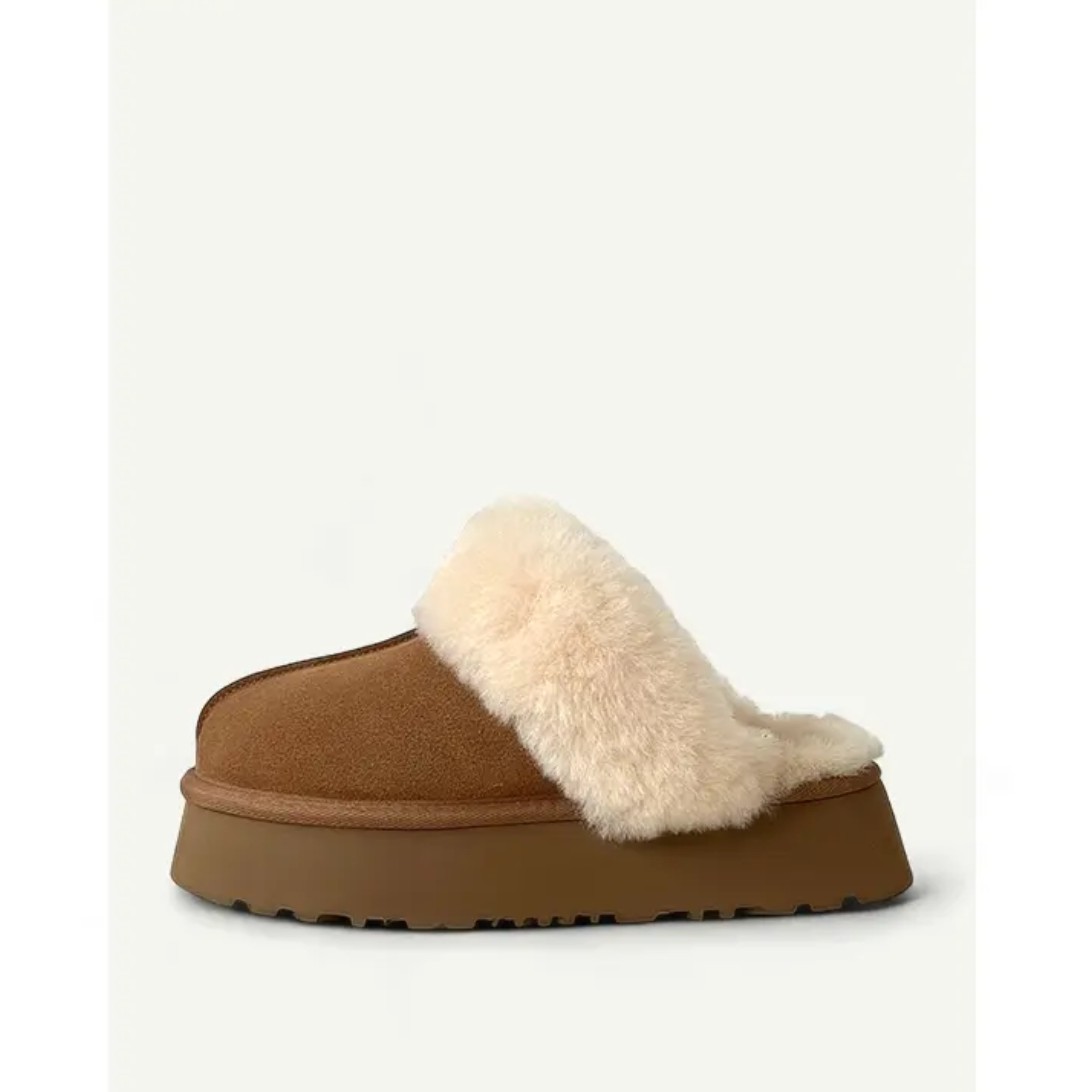 厚底款星拖皮毛一体包头拖压花皮拼色磨砂皮加绒时尚毛拖女