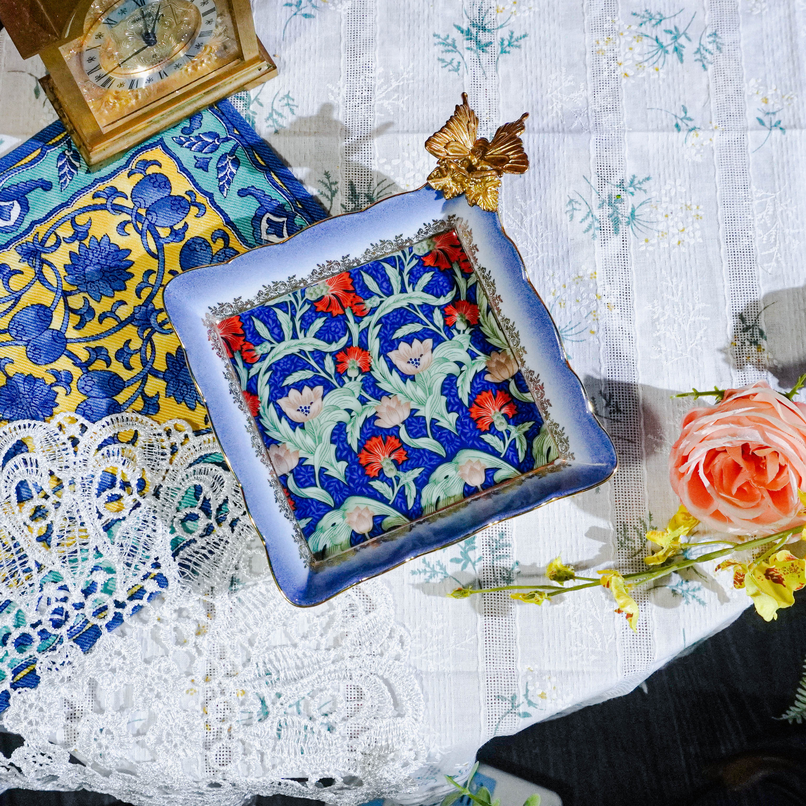 立体蝴蝶托盘置物盘复古花卉水果盘桌面摆件