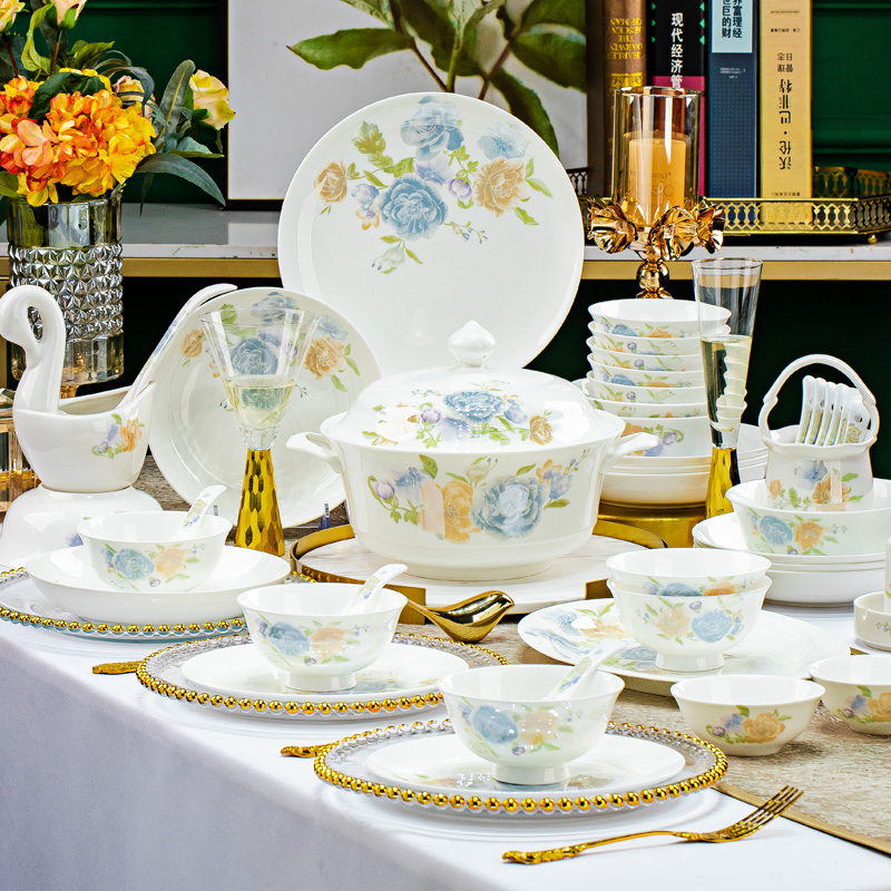 春暖花开景德镇60件骨瓷餐具陶瓷碗碟筷勺套装家用乔迁送礼品餐具