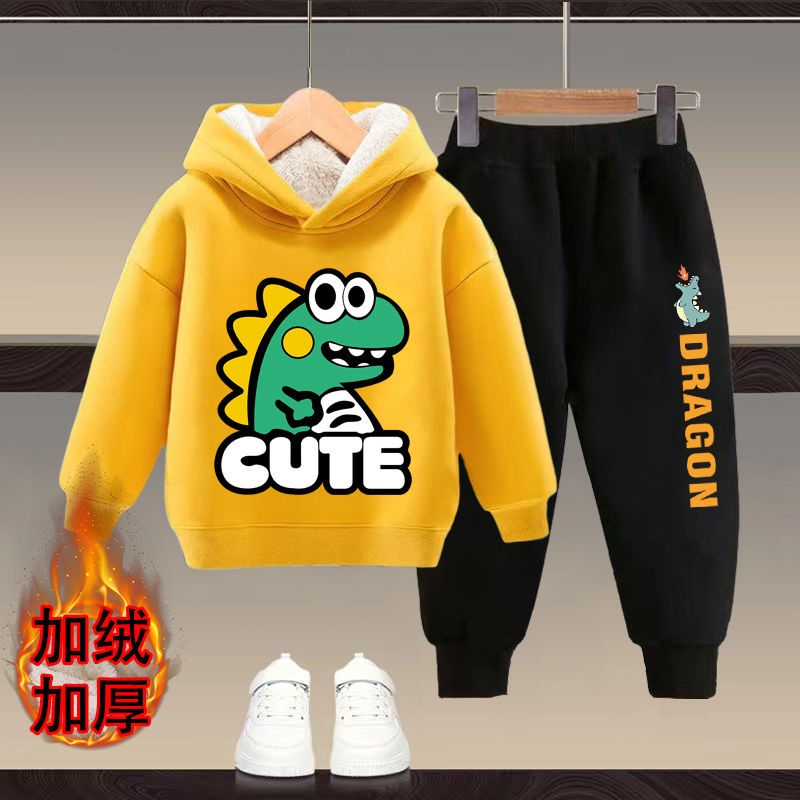 新款男童加绒卫衣套装秋冬新款洋气儿童加厚连帽衫女宝两件套BW