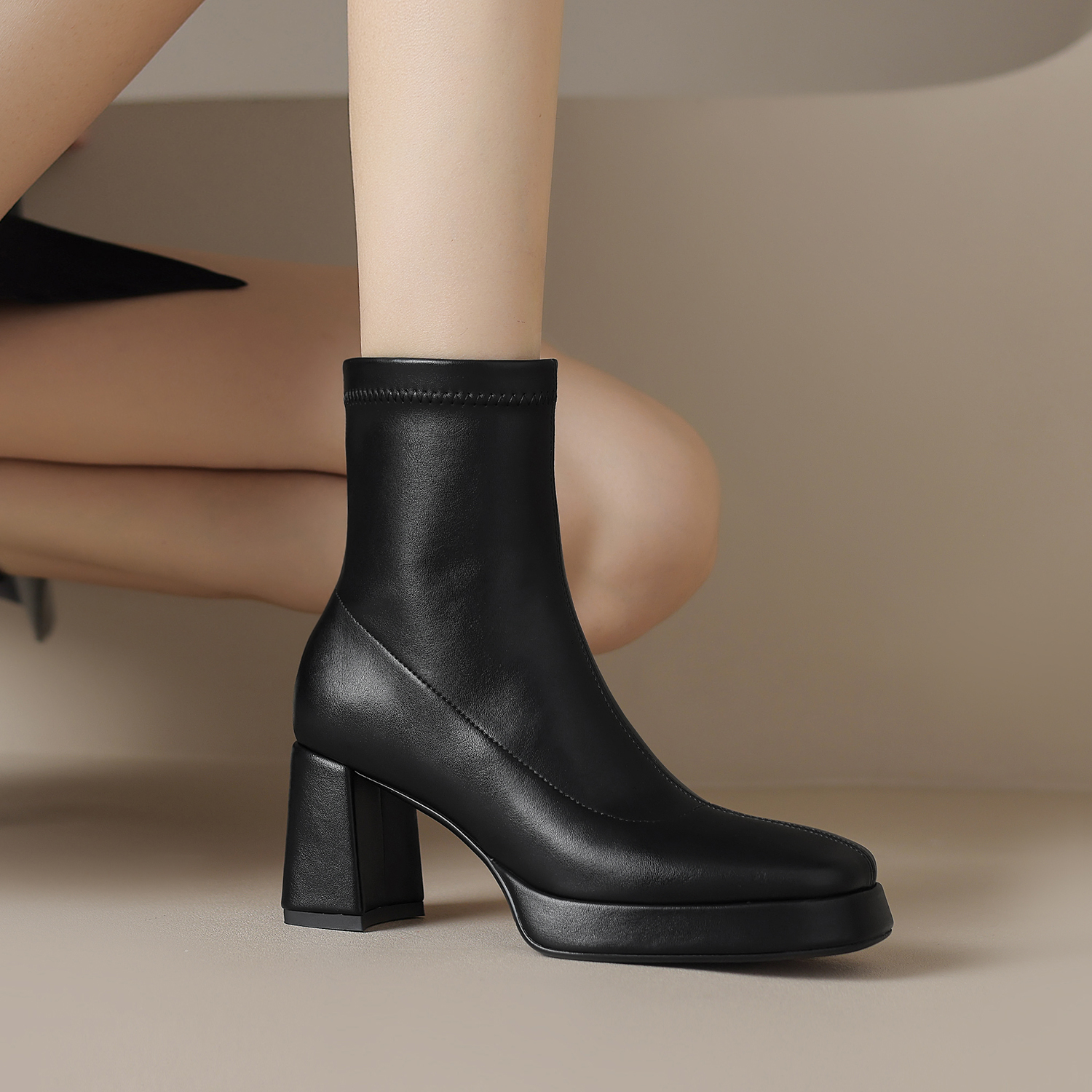 【跟高6cm】弹力靴女短靴小个子瘦瘦靴女高跟方头粗跟百搭显瘦靴子