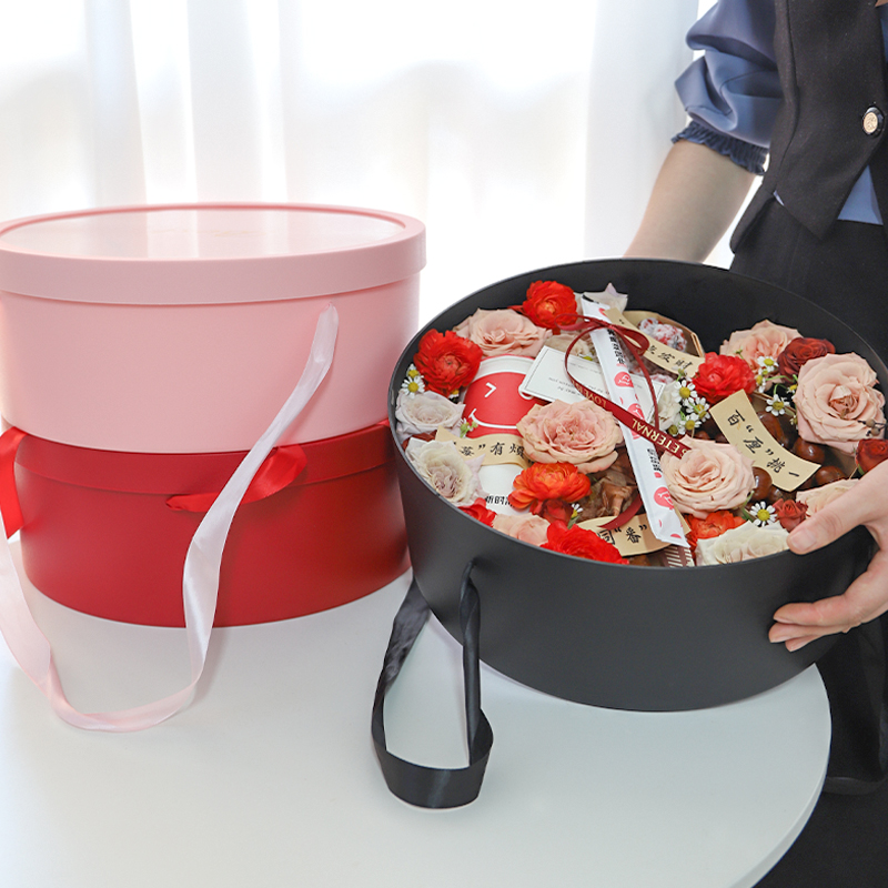 直播活动升级款带手提绳防水加厚PVC材质圆形礼盒花店用品资材