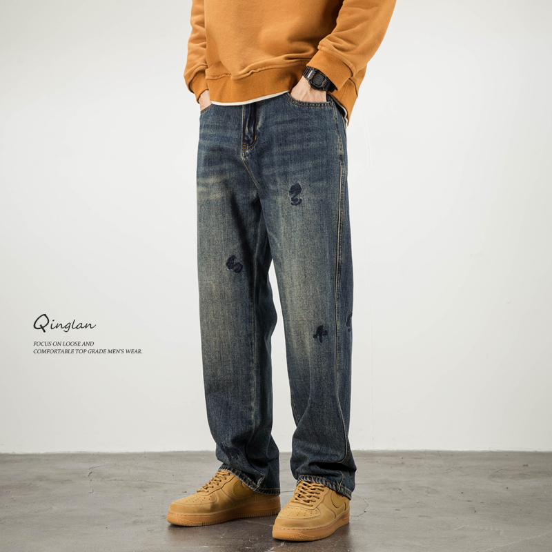 秋冬款刺绣牛仔裤男直筒宽松休闲美式复古潮流裤子2025新款秋季