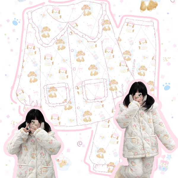 原创！ 奶蓝小狗珊瑚绒三层夹棉睡衣女可爱加厚少女可外穿家居服