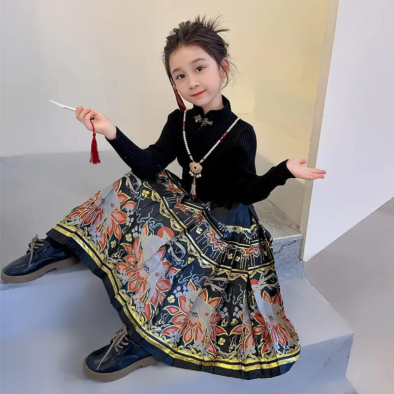 女童织金马面裙套装秋冬2023新款儿童古风唐装宝宝超仙汉服连衣裙