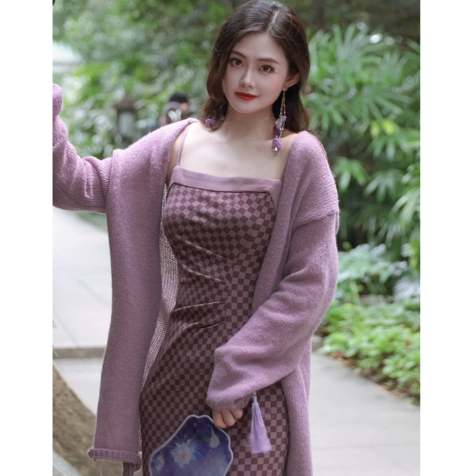 灰小猫 秋冬新款复古紫色长袖宽松慵懒风中长款毛衣开衫外套女