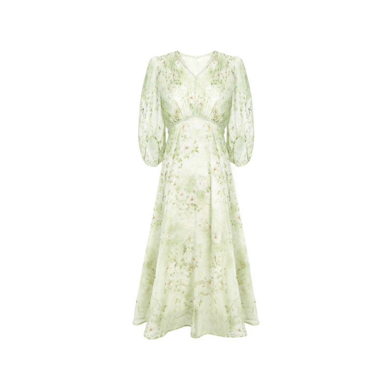 董小姐【流光梦境】2024年夏季新款V领钉珠碎花连衣裙气质收腰显瘦