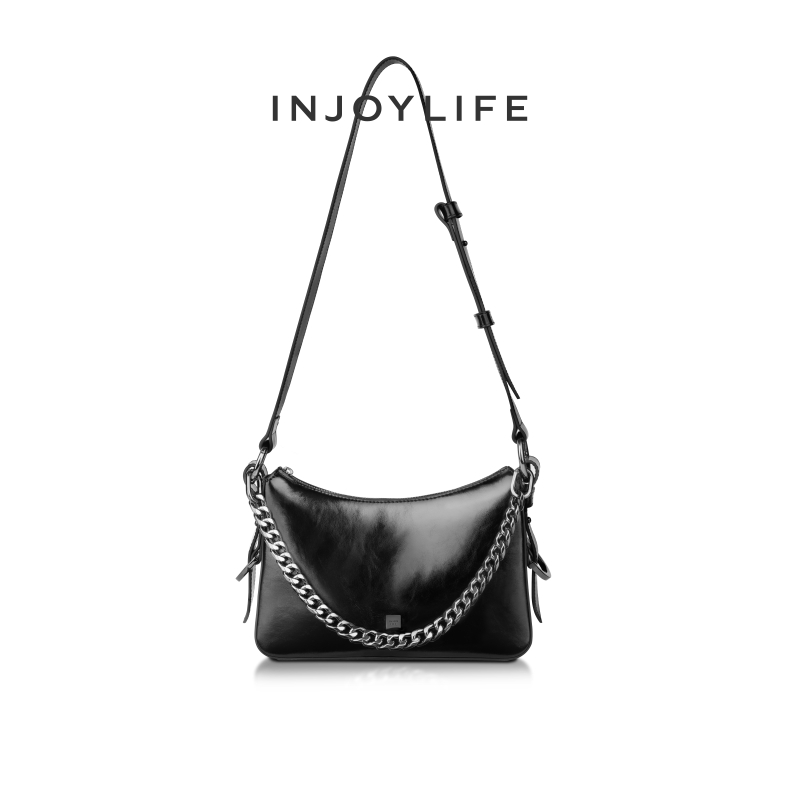INJOYLIFE机能粗链条包女新款小众设计黑色斜挎包包单肩腋下包