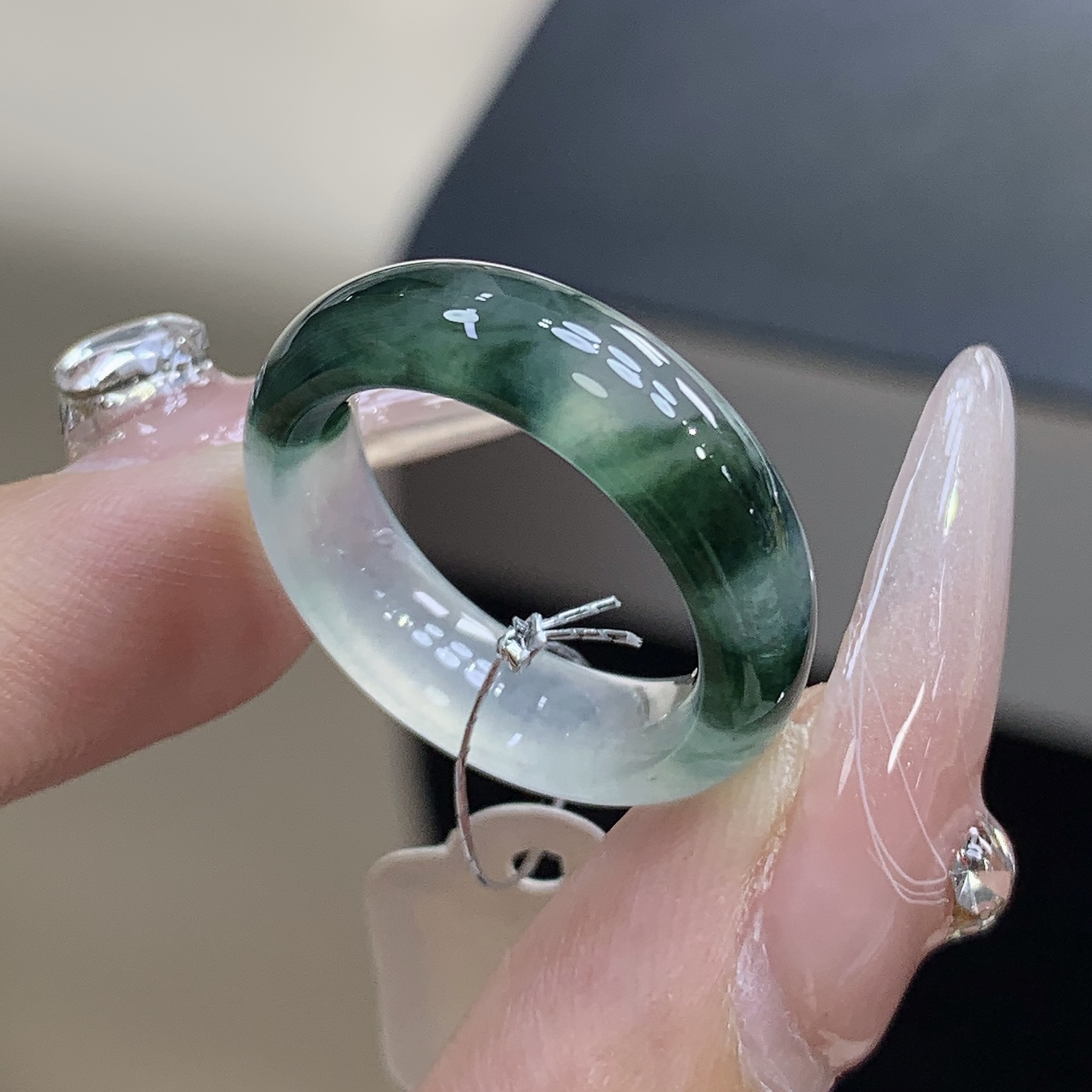 12圈 缅甸天然翡翠 冰种半山水深绿花翡翠戒圈尺寸16.3-5.9-3.8mm