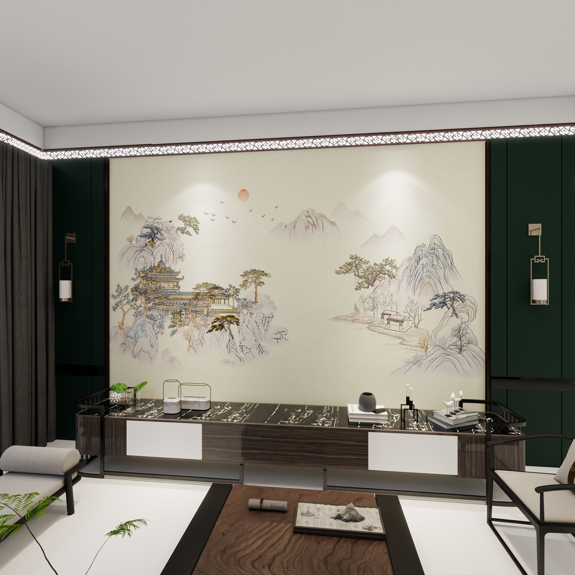 逢莱仙境刺绣背景墙  沙发背景 中堂背景 茶室背景办公室背景