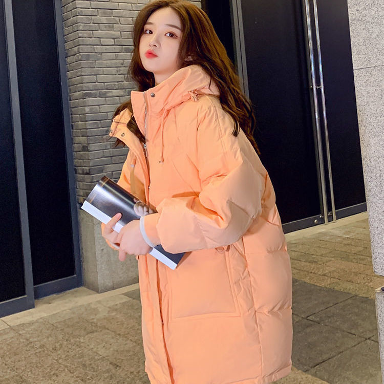 羽绒服橘色羽绒服女连帽中长款小个子2023新款宽松羽绒服时