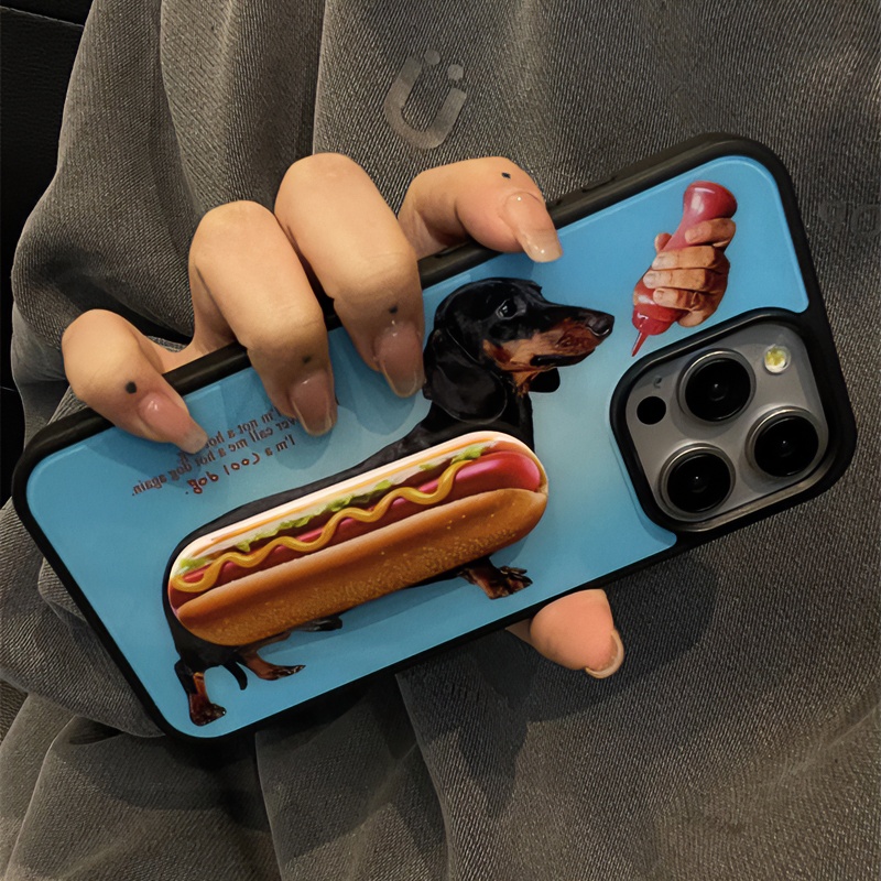 韩系趣味可爱腊肠狗热狗支架适用于iPhone15pro手机壳创意个性ins