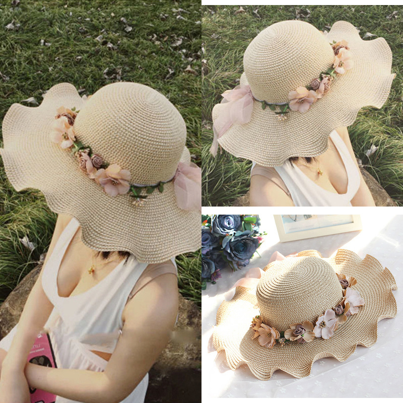 草帽子女夏天遮阳帽防晒太阳帽韩版波浪沙滩帽子海边草帽遮阳帽潮