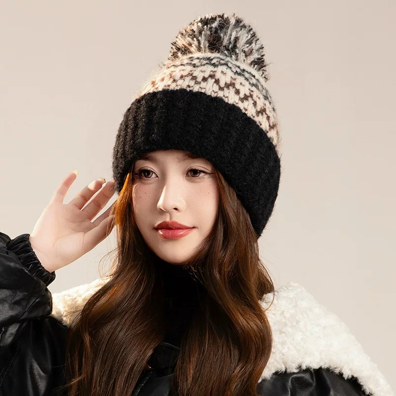 费尔岛风加绒加厚针织帽带球保暖防风女帽子冬天针织帽子百搭