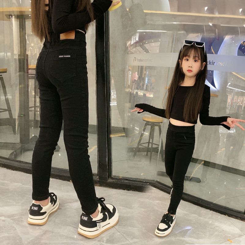 女童牛仔裤秋冬加绒加厚新款洋气修身显瘦显高弹力牛仔小脚铅笔裤