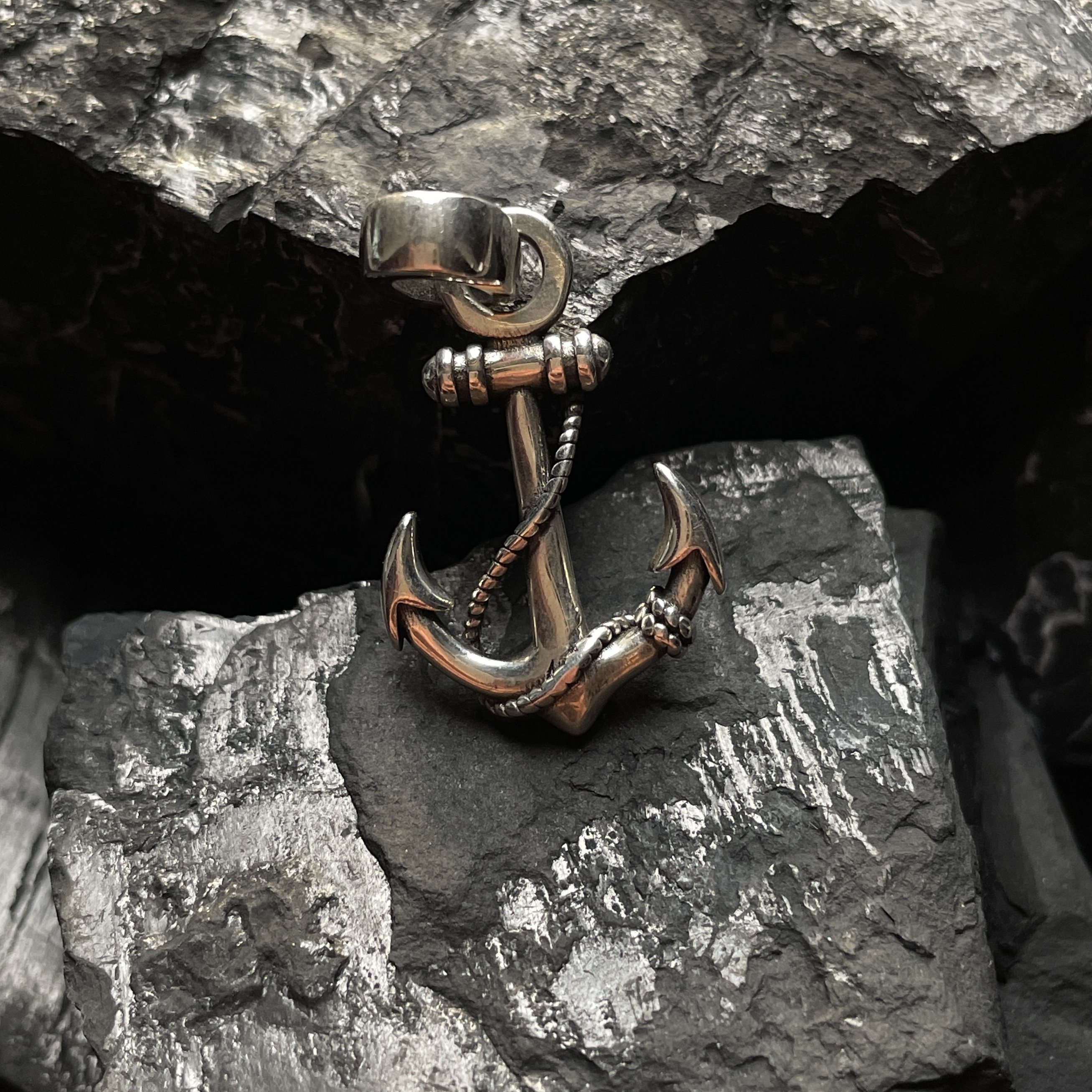 吊坠925银 船锚麻绳吊坠做旧 小众复古简约个性银色素款设计感