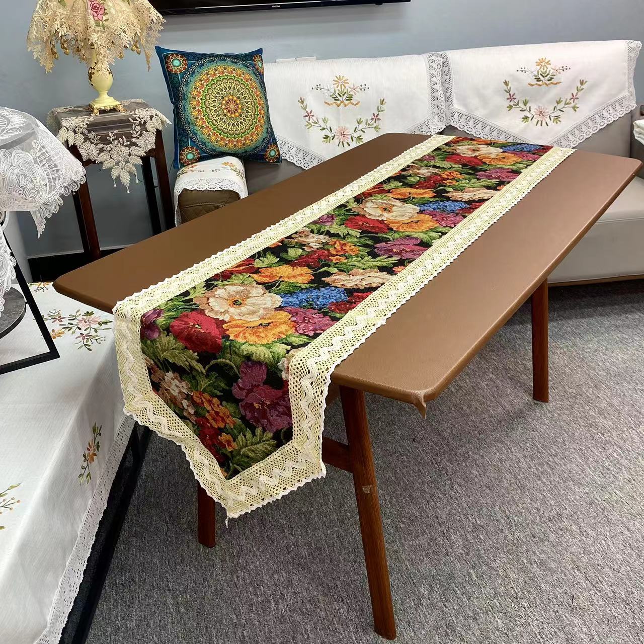 E-37【40*220CM】鸢尾花高级感桌旗高端盖布电视柜盖巾床旗新中式