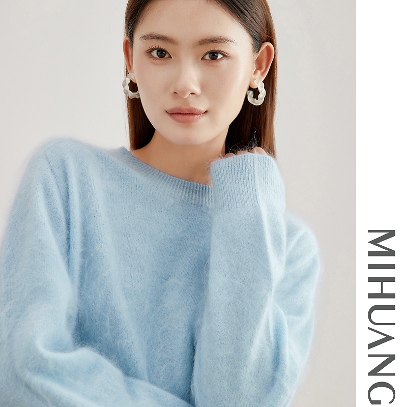 MIHUANG/米皇100山羊绒拉绒毛圆领宽松羊绒女衫ZJ243458