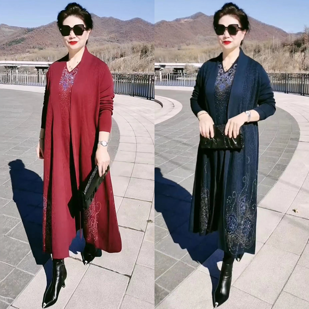 高端妈妈婚宴礼服重工提花针织连衣裙秋冬大码长款外披宽松两件套