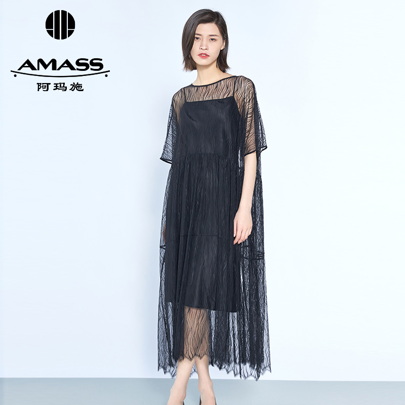 阿玛施AMASS时尚高端蕾丝透纱纯色气质长裙宽松短袖连衣裙5500276